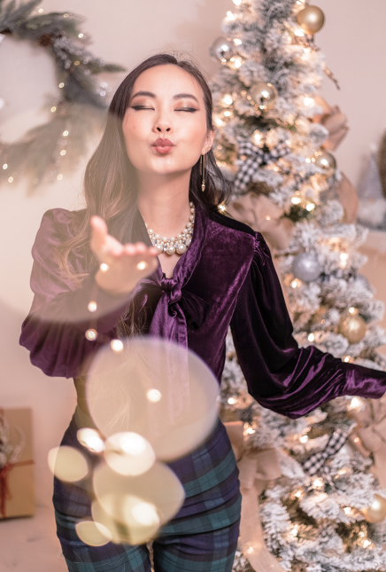Purple Velvet Blouse + Plaid Capris