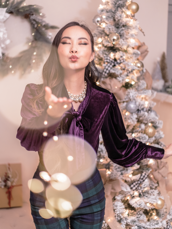 Purple Velvet Blouse + Plaid Capris