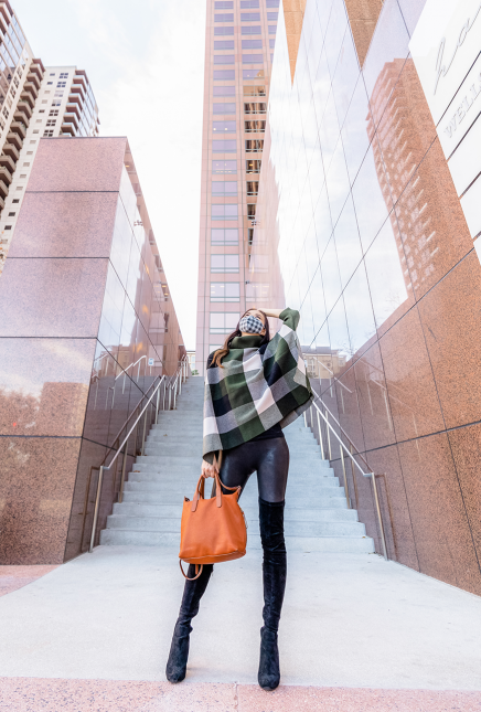 Turtleneck Cape Sweater w/ Leather Pants